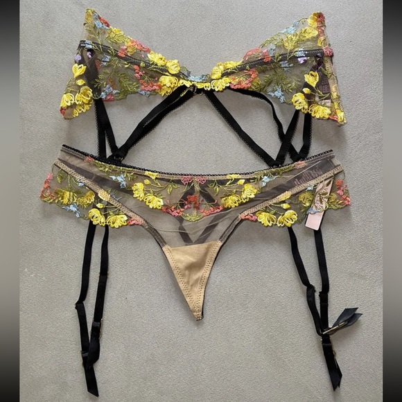 Victoria's Secret Other - Victoria's Secret DREAM ANGELS Floral Embroidered Thong XS & Garter Belt XS/S